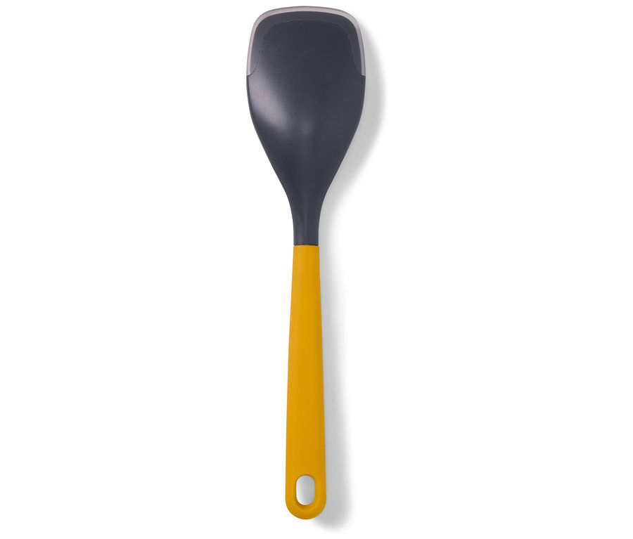 Graue Schöpfkelle mit gelbem Griff auf weißem Hintergrund.