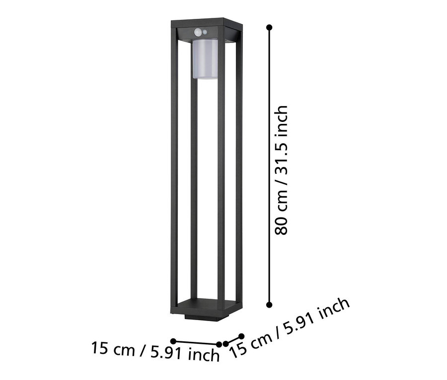Abmessungen der schwarzen Eglo Solar-Sockelleuchte »Martano«.