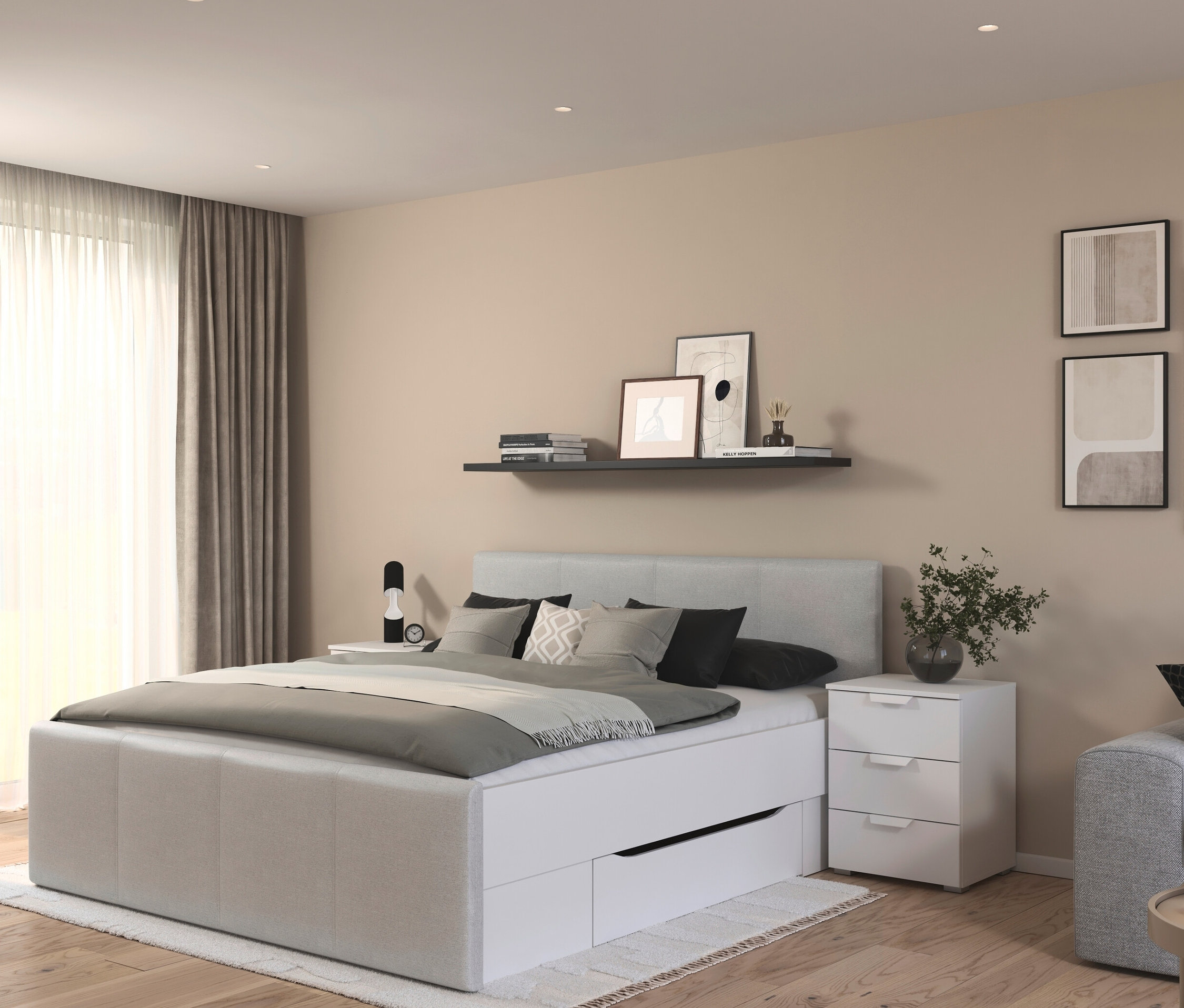 Zimmer mit weißem rauch Bett »Holga« und Nachttisch.