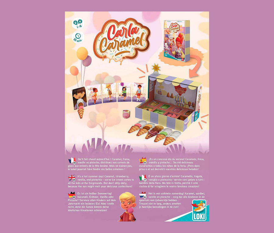 Spiel »Carla Caramel« geöffnet, mit Spielmaterialien wie Eiswaffeln und Spielfiguren.