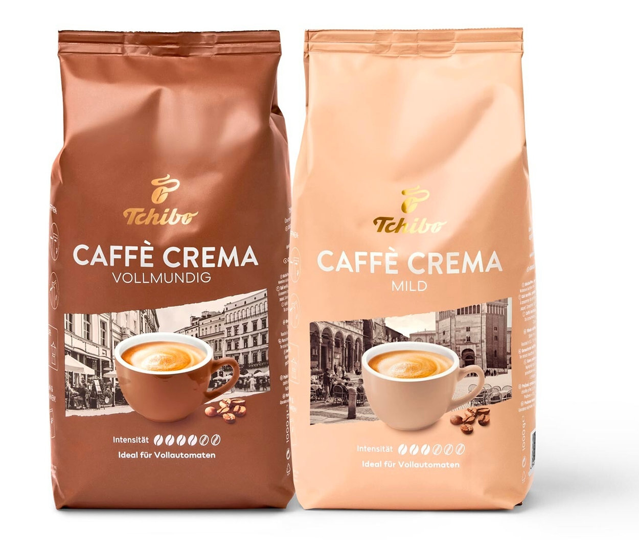 Zwei Packungen Caffè Crema Bestseller-Set - Ganze Bohne von Tchibo. Eine Packung ist braun, die andere beige.