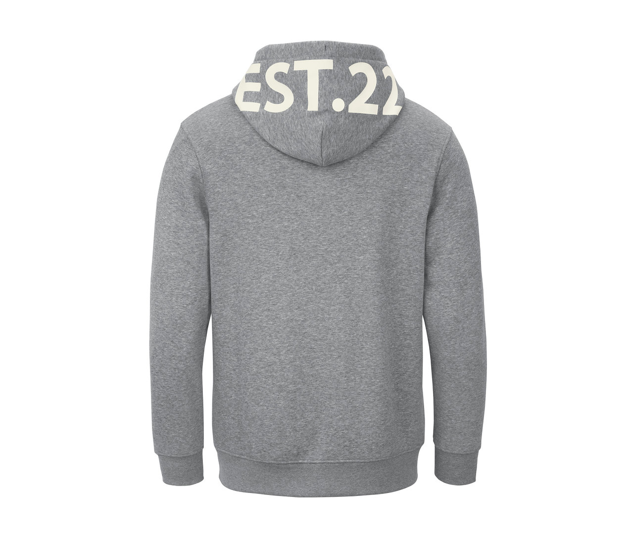 Grauer Hoodie mit dem Schriftzug EST.22 auf der Kapuze.