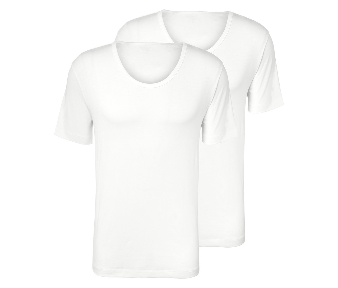 Zwei weiße Kurzarm-T-Shirts liegen übereinander.