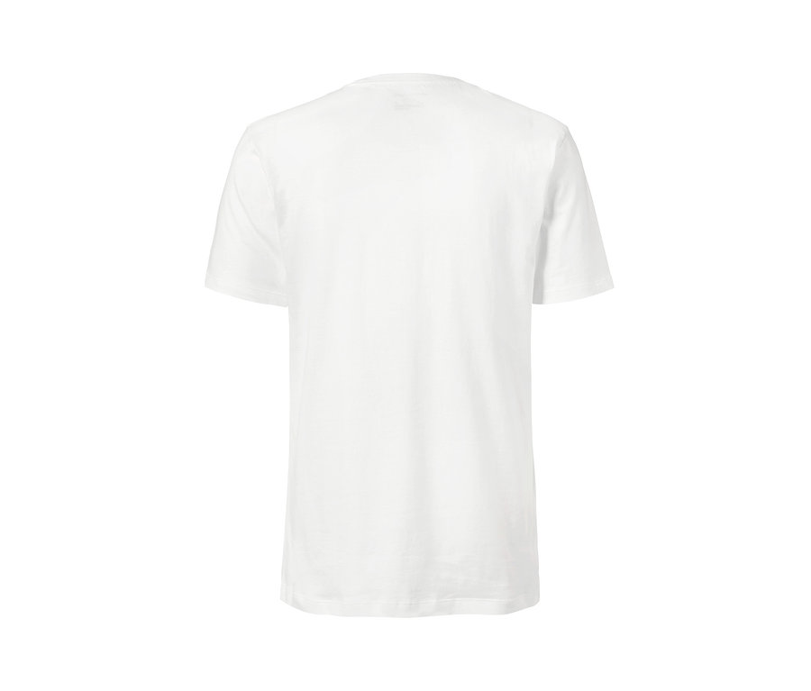 Detailansicht von der Rückseite eines weißen 2 T-Shirts mit Rundhalsausschnitt.