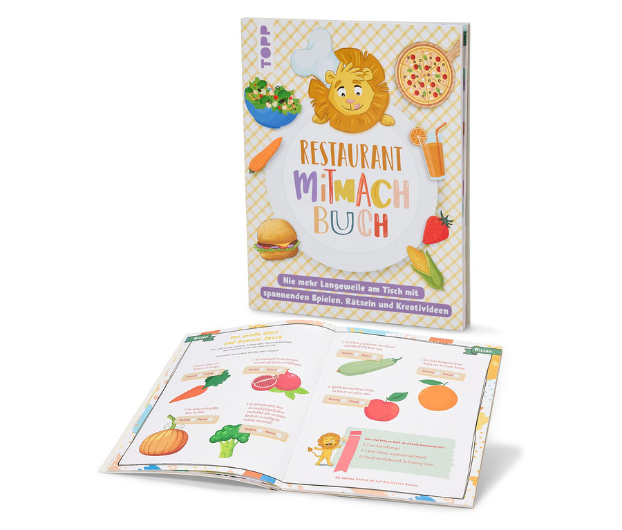Zwei Bücher: Eines mit einem Cover mit einem Cartoon-Löwen und Lebensmitteln, das andere offen mit Obst- und Gemüseillustrationen.