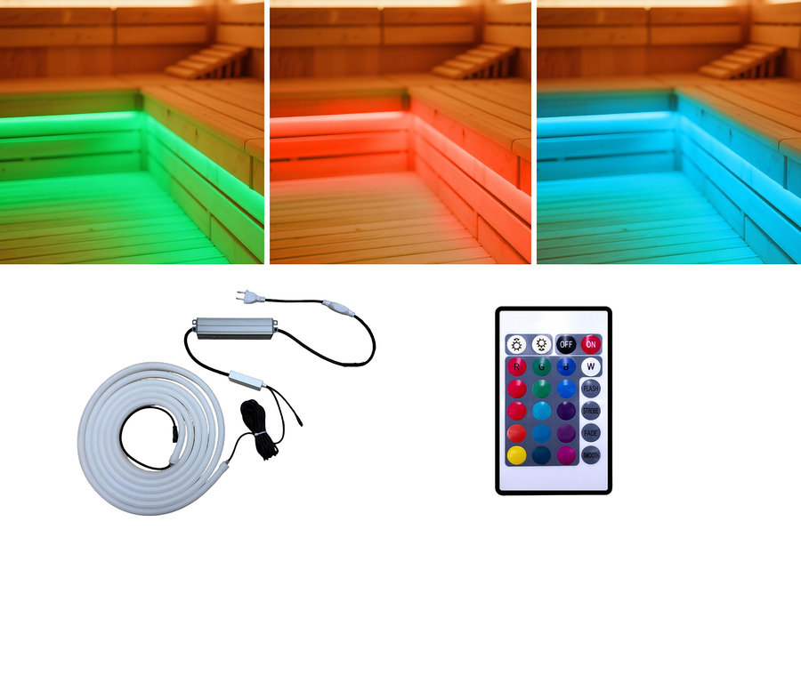 Beleuchtete Sauna mit farbwechselnden LED-Streifen und Fernbedienung.