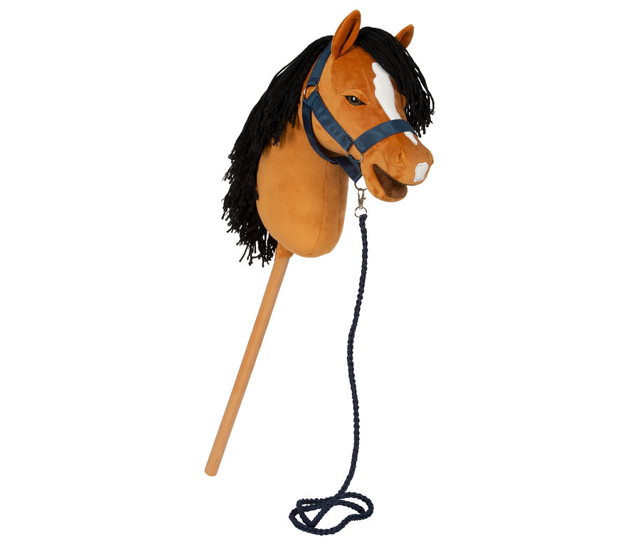 small foot Hobby-Horse »Melodie« in Braun mit blauem Zaumzeug und schwarzer Mähne auf einem Stock.
