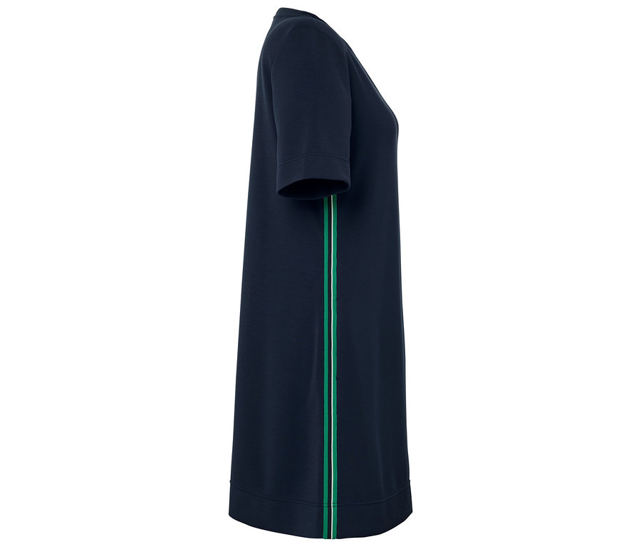 Dunkelblaues Kleid mit kurzen Ärmeln und grünem Streifen an der Seite.