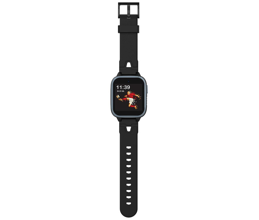 Eine schwarze Kinderuhr mit einem Fußballmotiv auf dem Display. Kids Watch Xplora XGO3 schwarz.