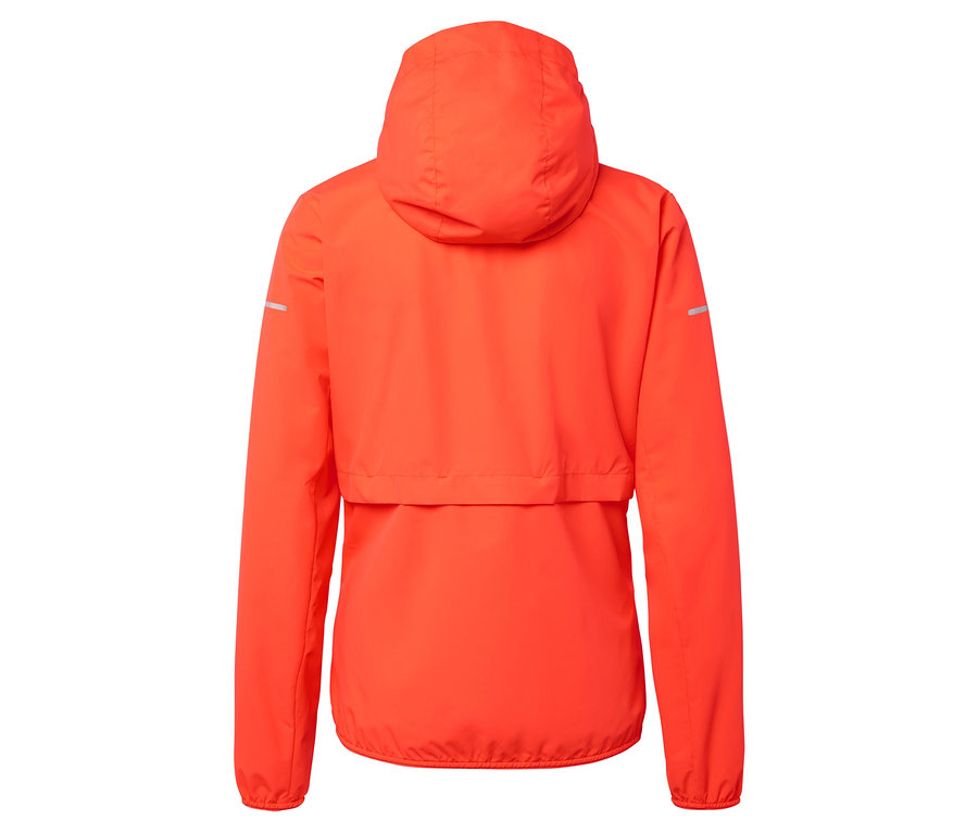 Rückansicht einer orangefarbenen Jacke mit Kapuze.