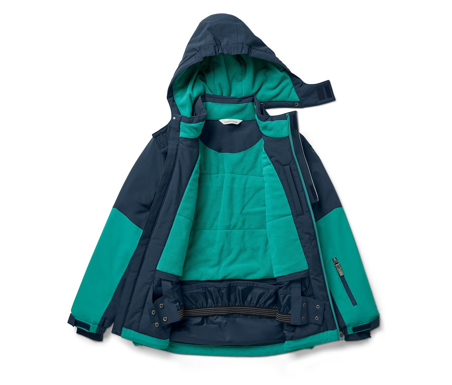 Geöffnete Jacke in Dunkelblau und Grün mit Kapuze.