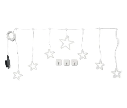 Weiße Lichterkette mit Sternen und drei Kabelhalterungen auf weißem Hintergrund.