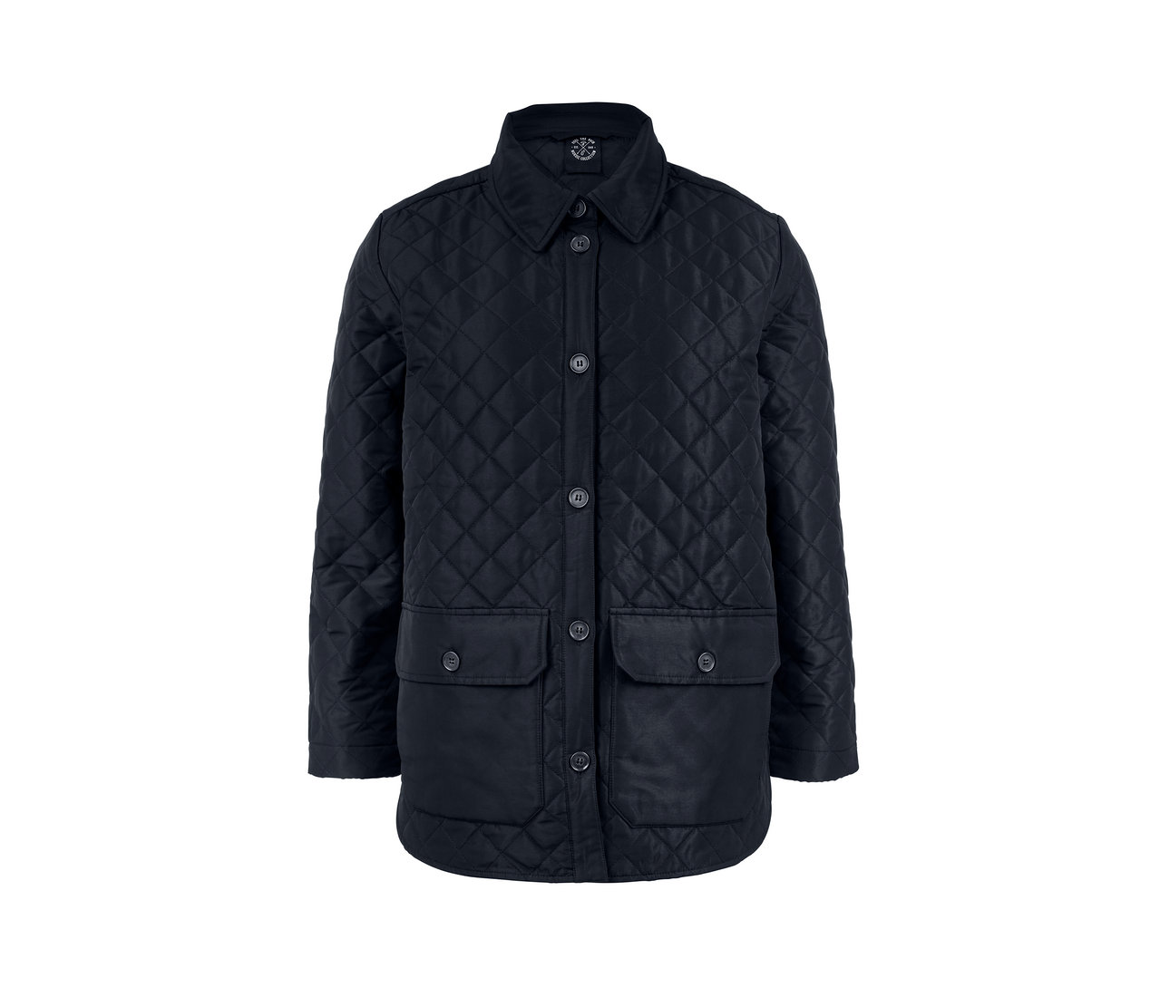 Eine marineblaue Steppjacke mit Knöpfen und Taschen.