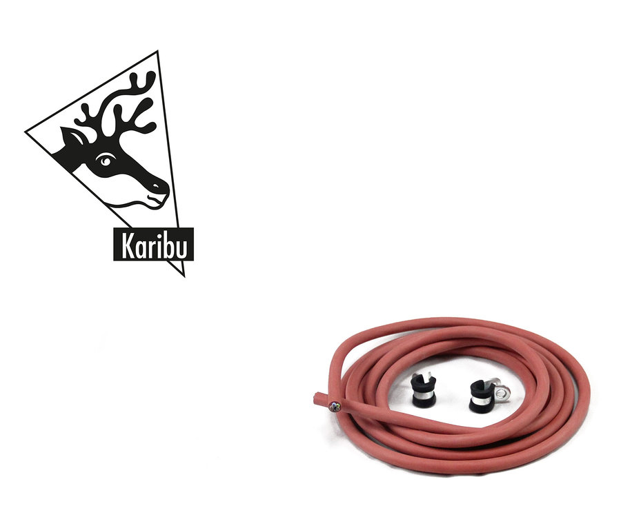 Abbildung zeigt Karibu Logo und einen aufgerollten Schlauch mit Befestigungselementen.