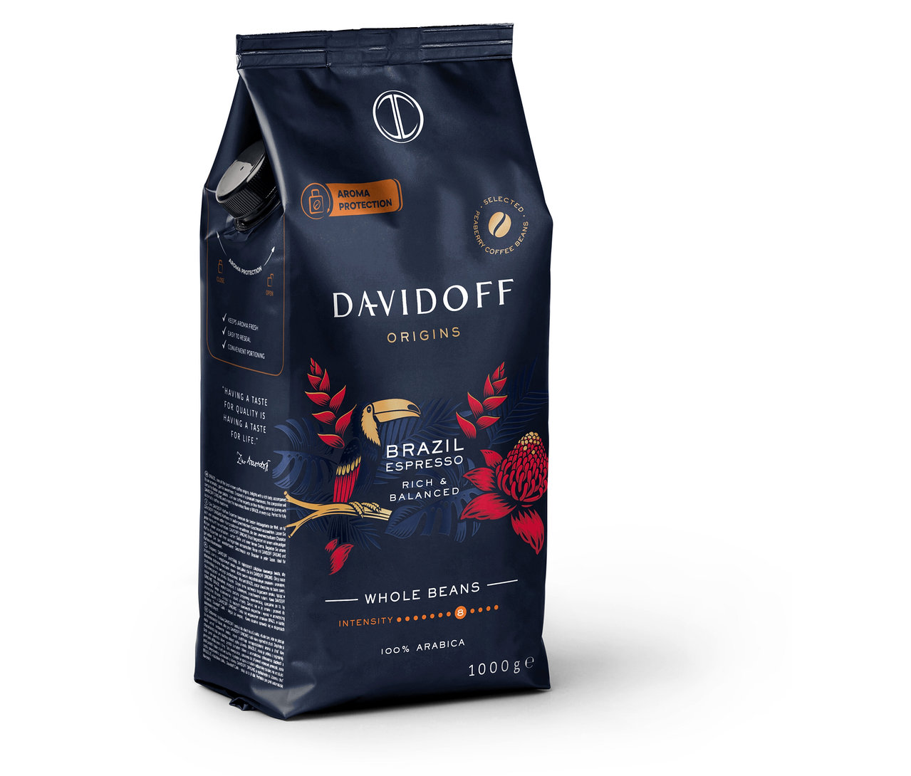 Schwarze Packung DAVIDOFF CAFÉ ORIGINS Brazil mit 1 kg ganzen Bohnen.
