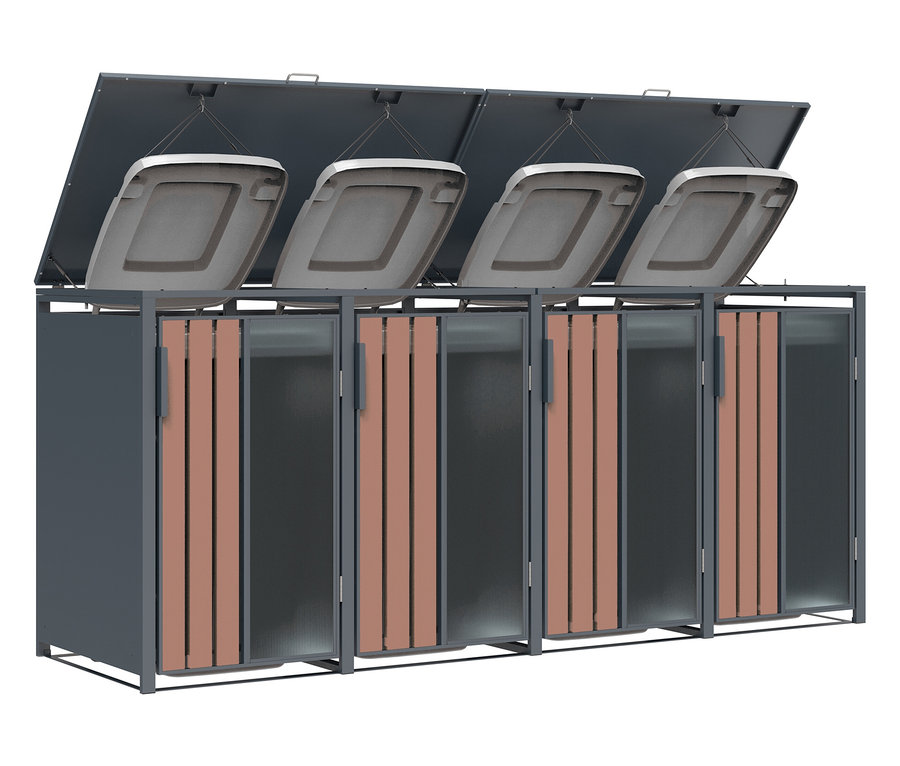 Vier Mülltonnenboxen mit grauem Rahmen und Holzlamellen, mit geöffneten grauen Deckeln.