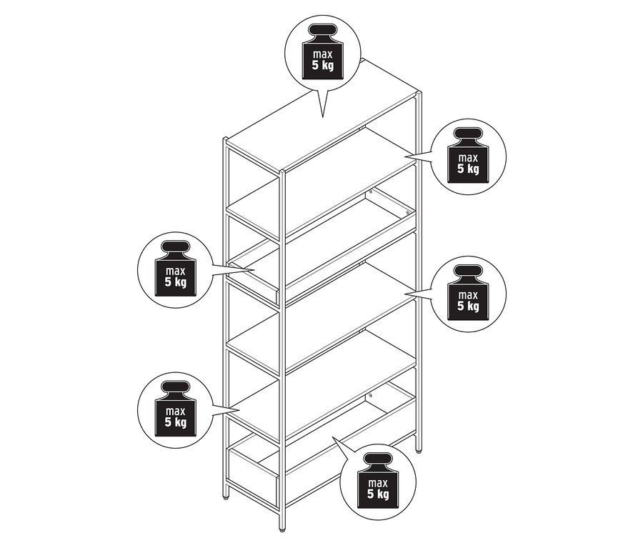Illustration eines linearen Metallregals »KLAAR« mit sechs Regalböden und einer maximalen Traglast von 5 kg pro Regalboden.