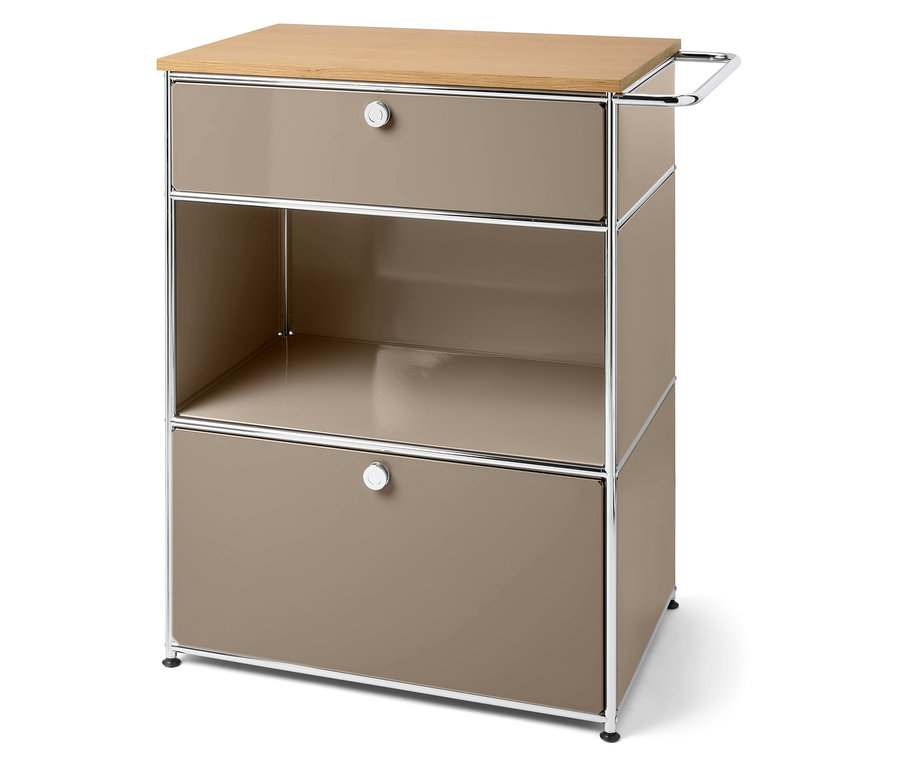Beiger Schrank mit zwei Schubladen und Holzplatte.