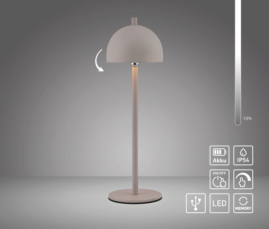 Eine Tischleuchte mit verstellbarem Schirm und Akkuanzeige.