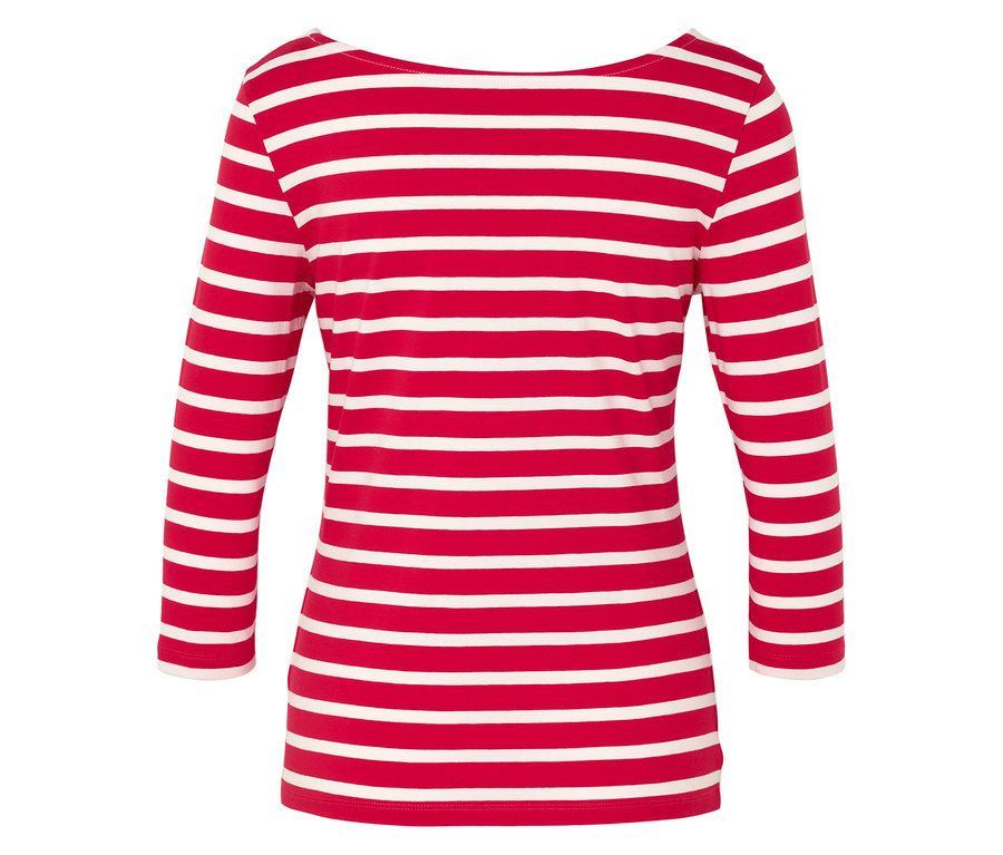 Rückansicht eines rot-weiß gestreiften 3/4-Arm-Shirts.