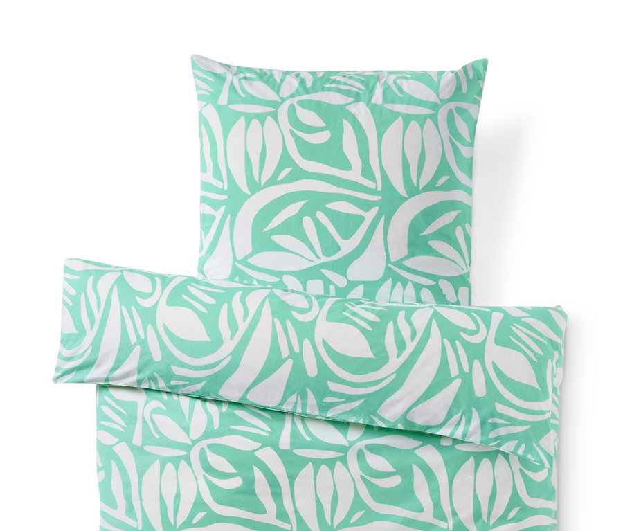 Grüne Renforcé-Bettwäsche in Normalgröße mit weißem Blättermuster.