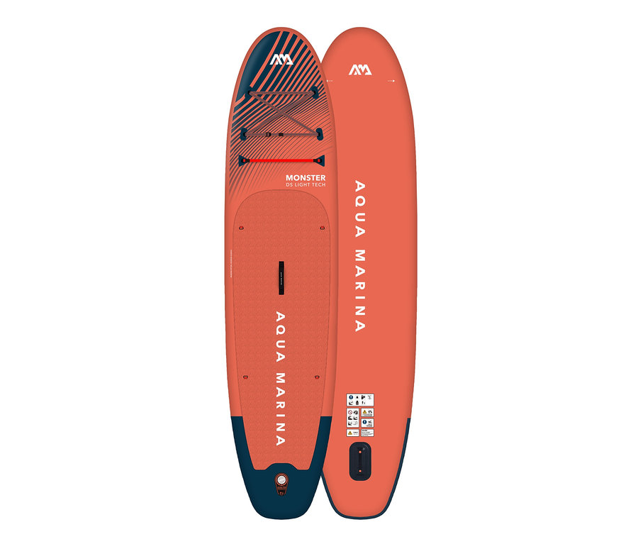 Zwei orangefarbene Aqua Marina SUP Boards »Monster« 12'0" stehen nebeneinander.