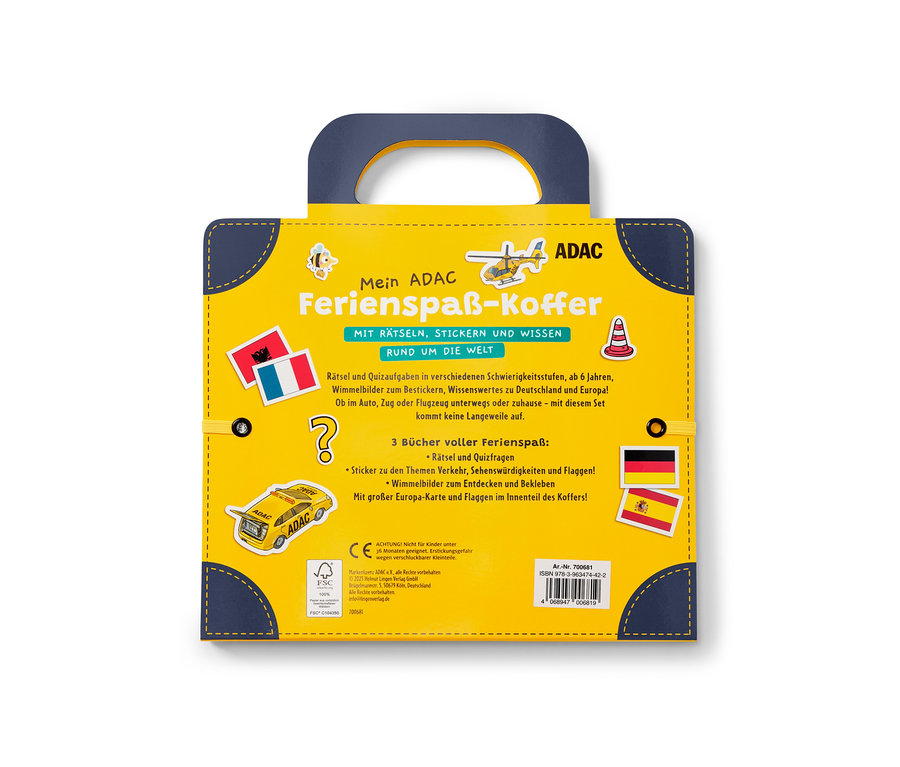 Gelber Koffer mit dem Titel Mein ADAC Ferienspaß-Koffer mit Rätseln, Stickern und Wissen. Das Bücher-Set »Mein ADAC Ferienspaß-Koffer« ist sichtbar.