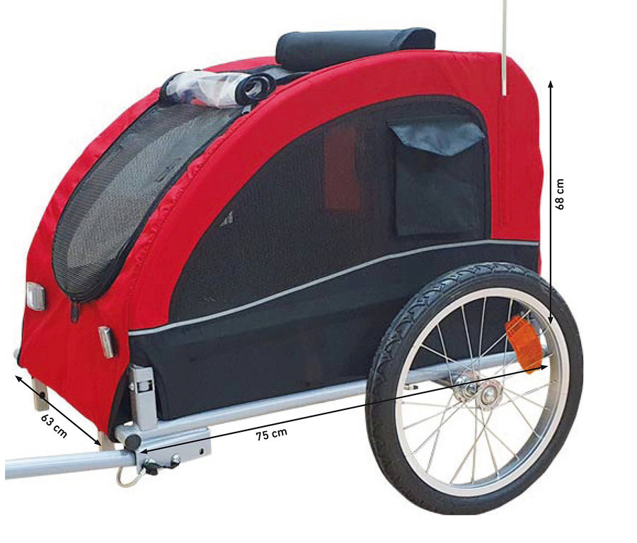 Roter und schwarzer Hunde-Fahrradanhänger »SENLIMA«, Gr. M mit Abmessungen.