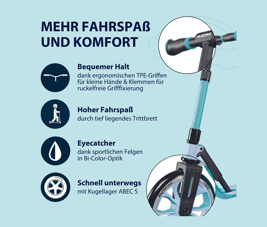 Nahaufnahme eines HUDORA Scooter »BigWheel 180 Advanced Junior« mit Detailbeschreibungen.