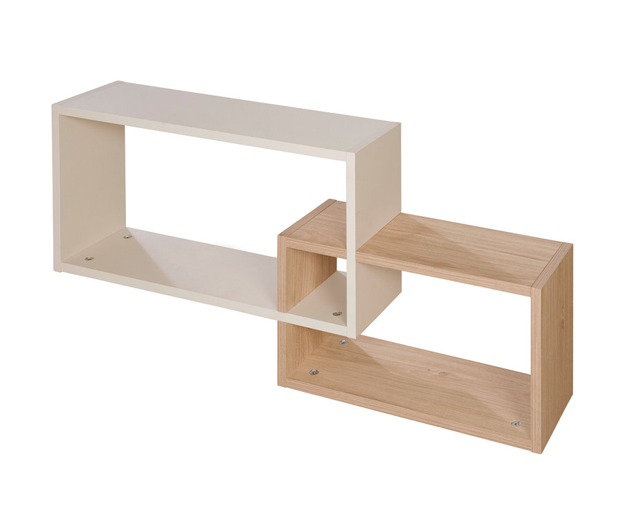 Zwei miteinander verbundene rechteckige Wandregale, eines in Kaschmir und eines in Holzoptik.