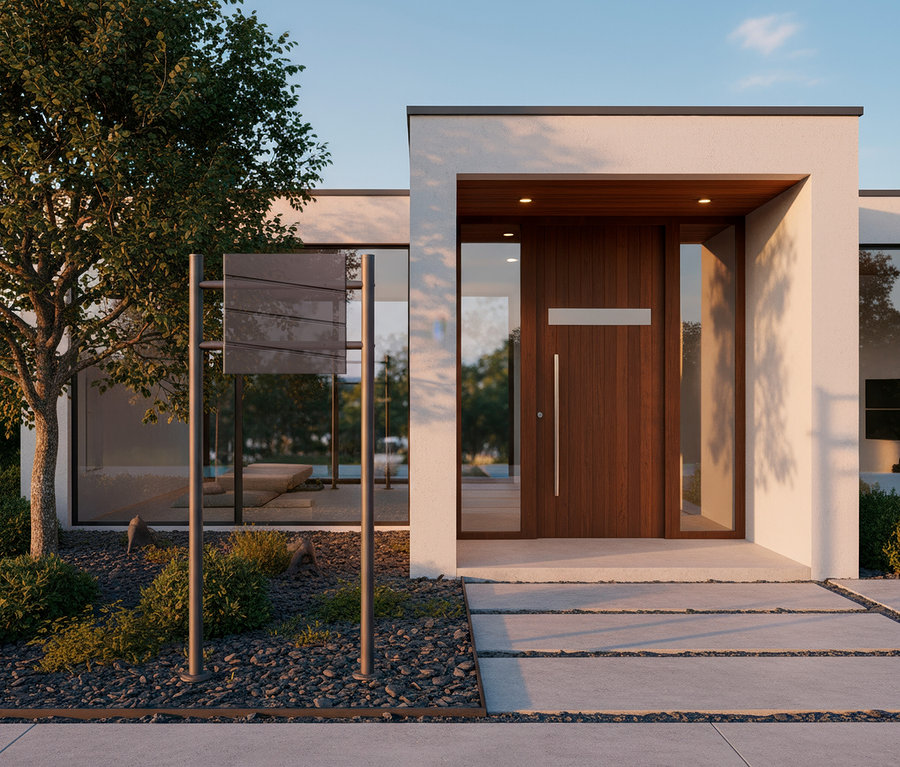 Außenaufnahme eines modernen Hauses mit einer Holztür, umgeben von Glasfenstern und einem gepflegten Garten.