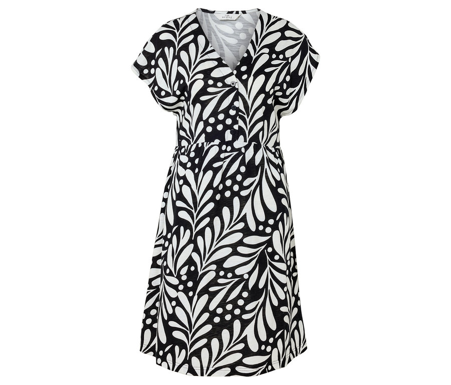 Ein schwarzes Kleid mit weißem Blattmuster ist zu sehen.