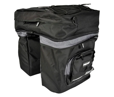 Nahaufnahme einer schwarzen Fahrradtasche mit grauen Akzenten.