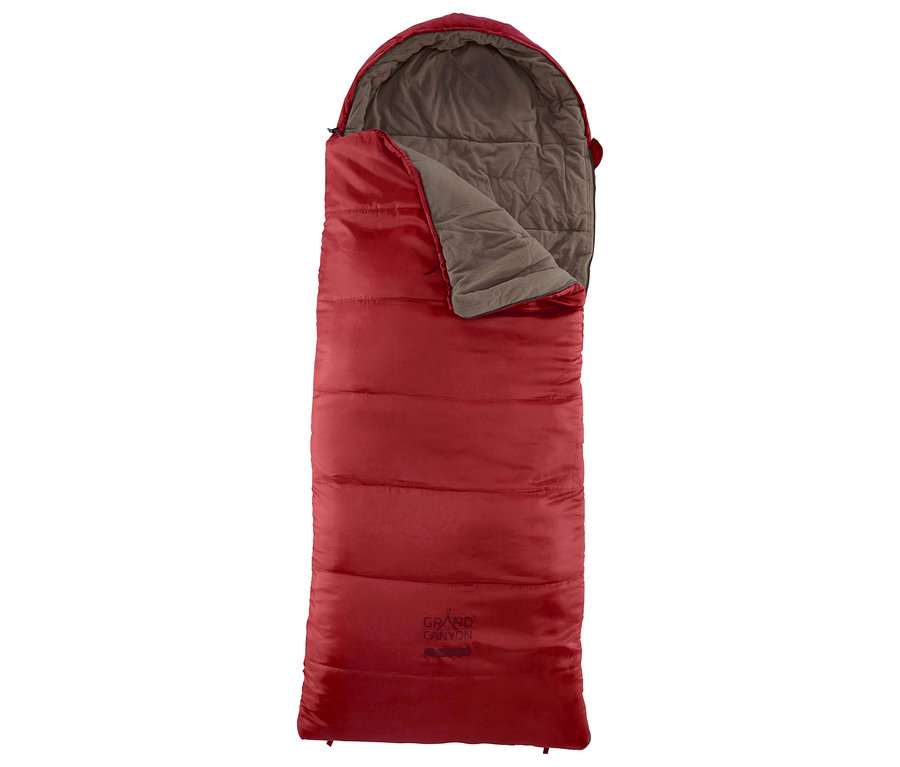 Der rote Grand Canyon Kinder-Schlafsack »Utah 150« liegt offen da und zeigt sein graues Innenfutter.