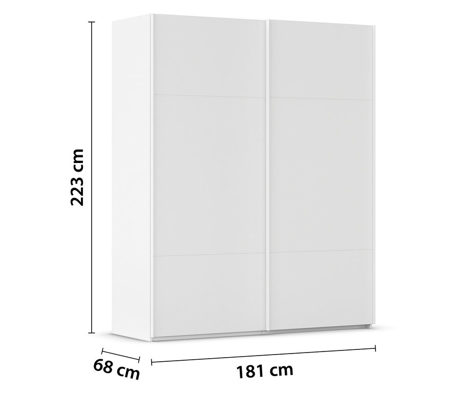 Weißer Schwebetürenschrank mit sechs Paneelen und den Maßen 223 cm Höhe, 181 cm Breite und 68 cm Tiefe.