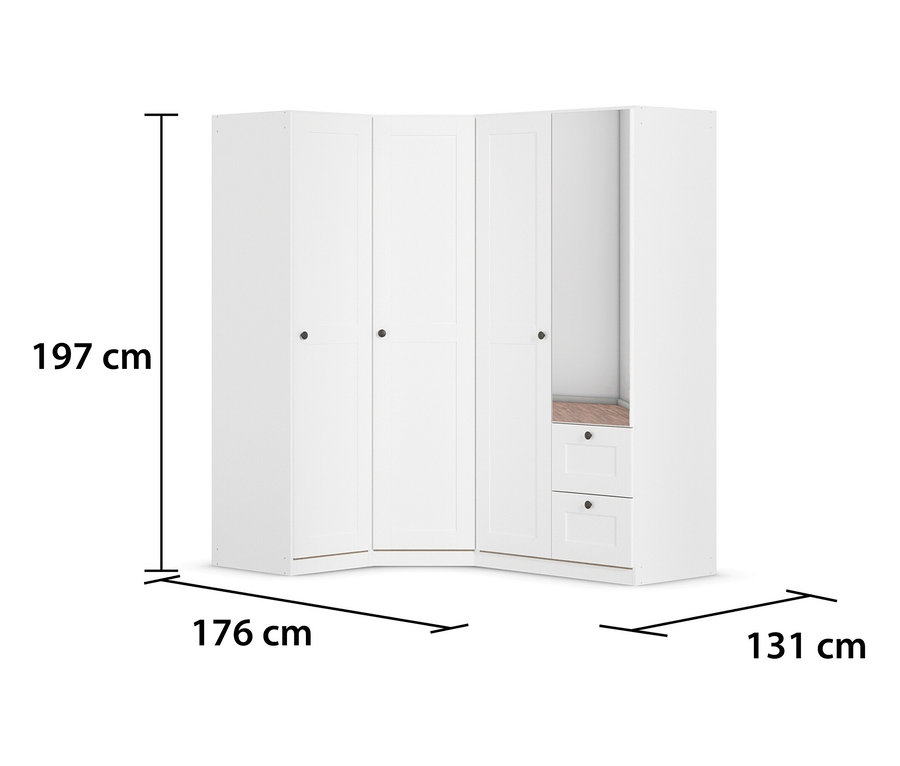 Weißer Eckkleiderschrank mit vier Türen, zwei Schubladen und einem offenen Fach. Maße: 197 cm hoch, 176 cm breit und 131 cm tief.
