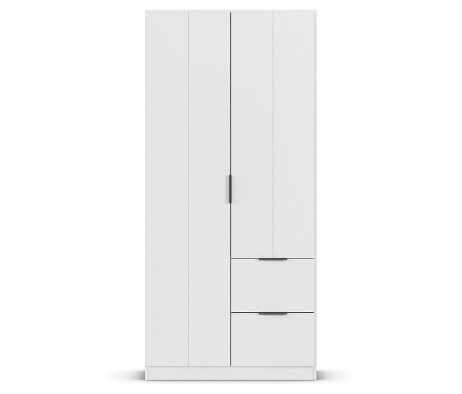 Weißer Kleiderschrank mit vier Türen und zwei Schubladen.