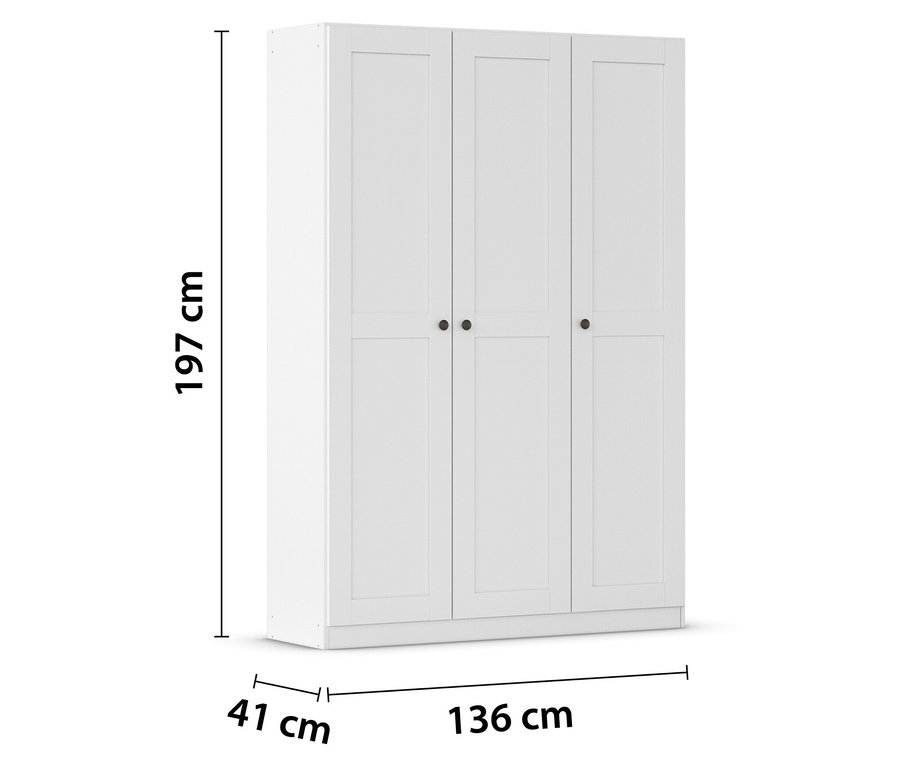 Weißer Kleiderschrank mit drei Türen und schwarzen Griffen. Die Maße sind 197 cm hoch, 136 cm breit und 41 cm tief.
