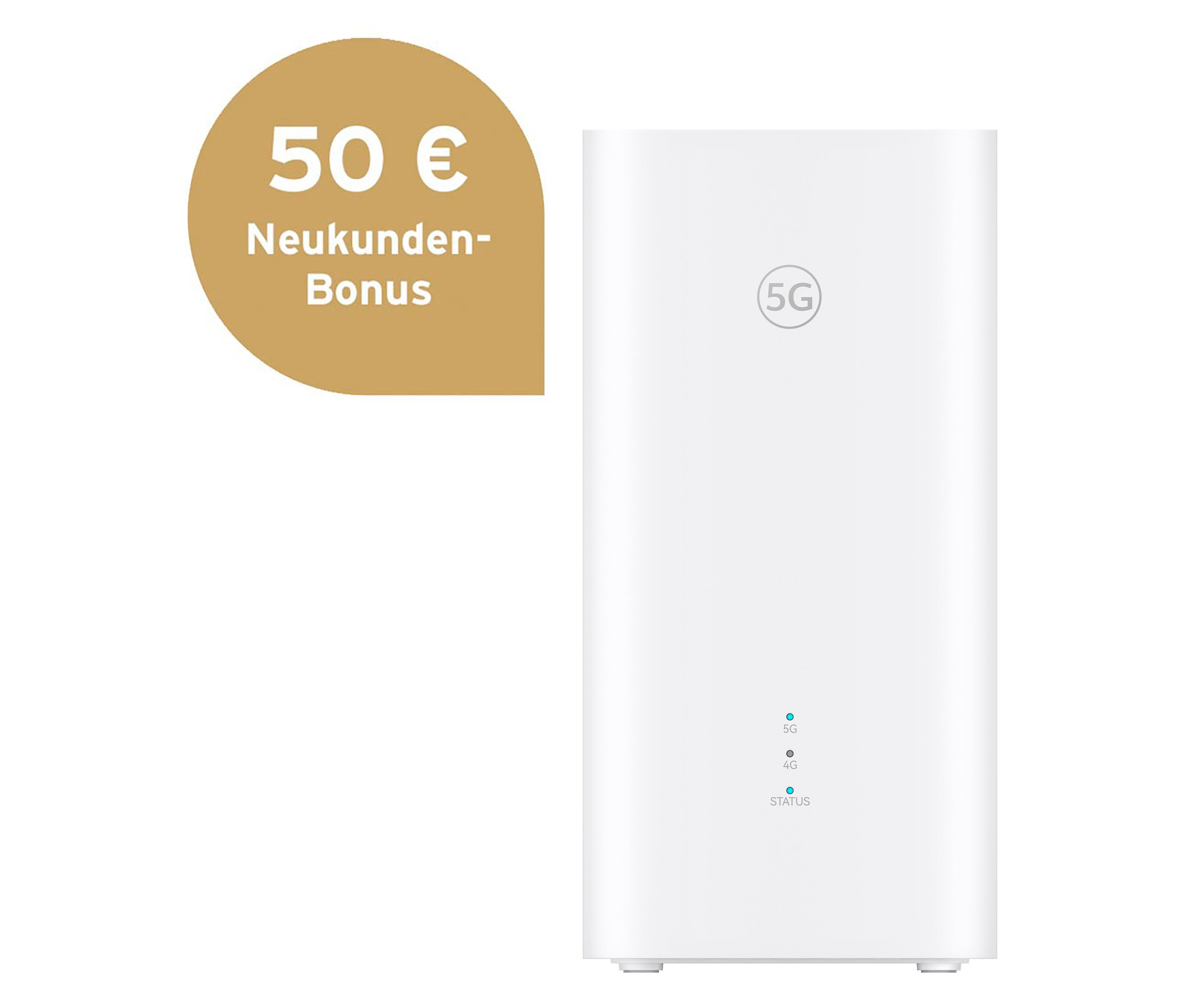 Ein weißer Homespot-Router 5G ZOWEE steht vor einem weißen Hintergrund. Links befindet sich ein goldenes Sprechblasensymbol mit der Aufschrift "50 € Neukunden-Bonus".