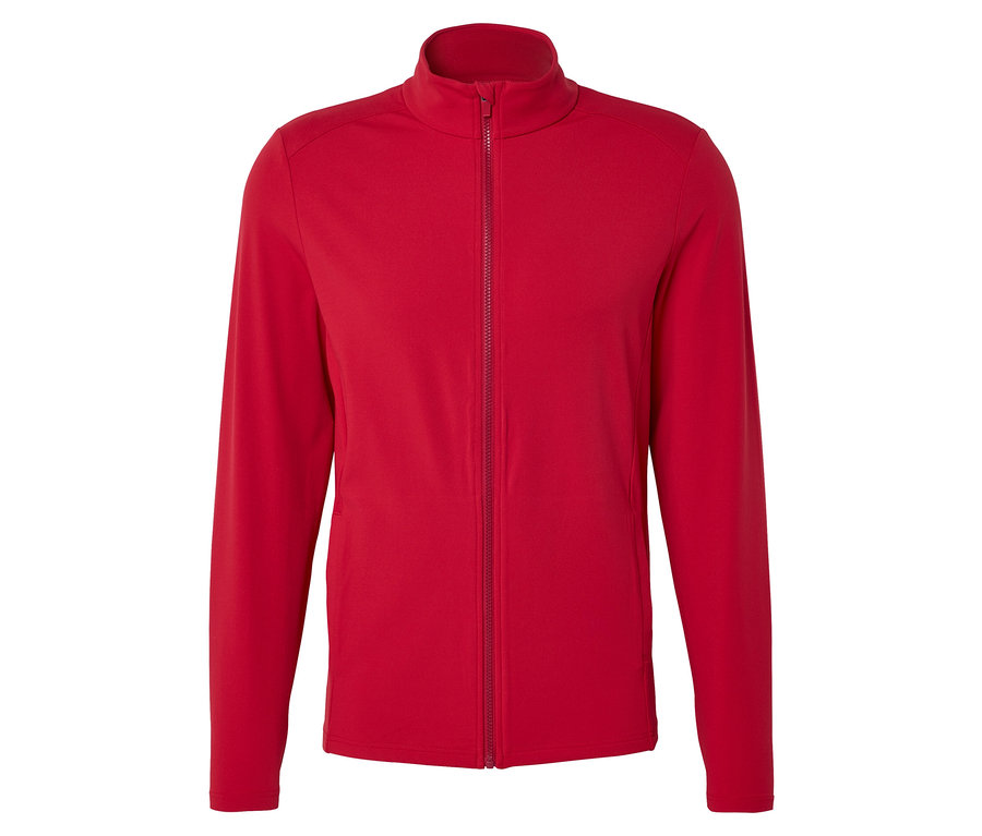 Rote Jacke mit durchgehendem Reißverschluss.
