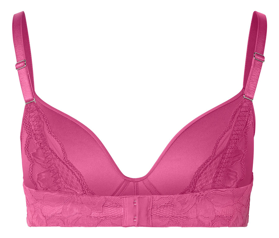 Nahaufnahme eines pinkfarbenen BHs mit Spitze.