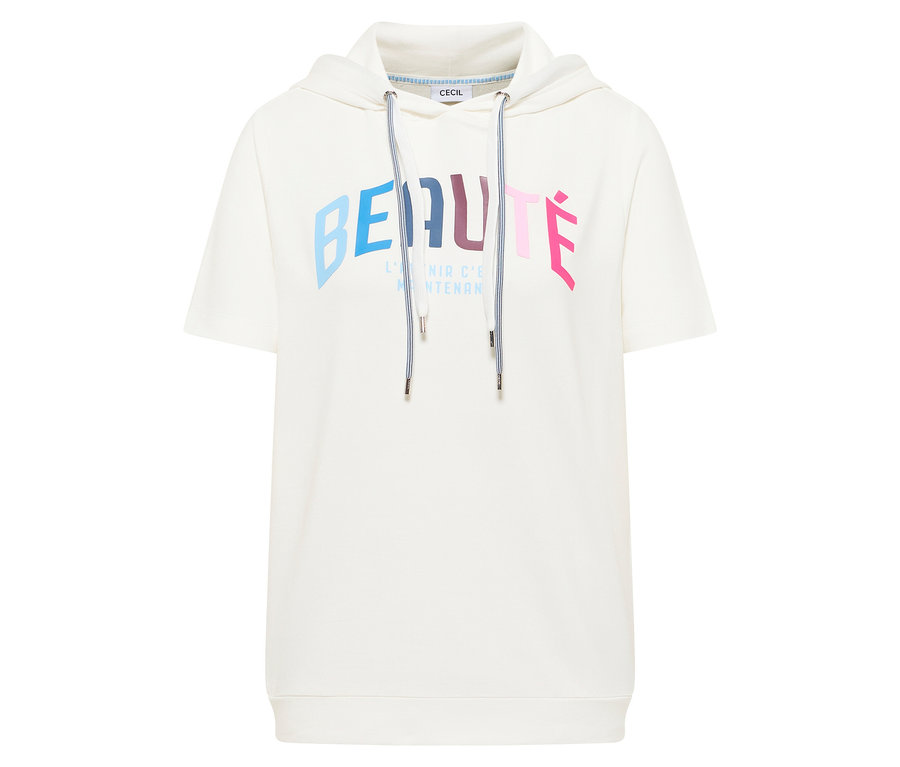 Das CECIL Hoodie-Shirt ist weiß und hat kurze Ärmel sowie einen bunten "BEAUTÉ"-Aufdruck.