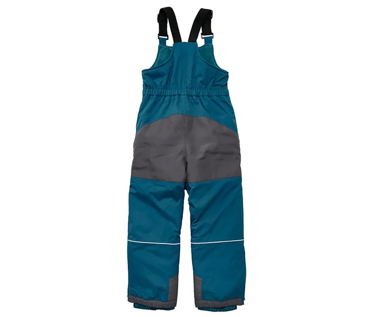 Petrolfarbene Kinder-Schneehose mit grauen Verstärkungen an Gesäß und Knien, schwarzen Trägern und reflektierendem Streifen.