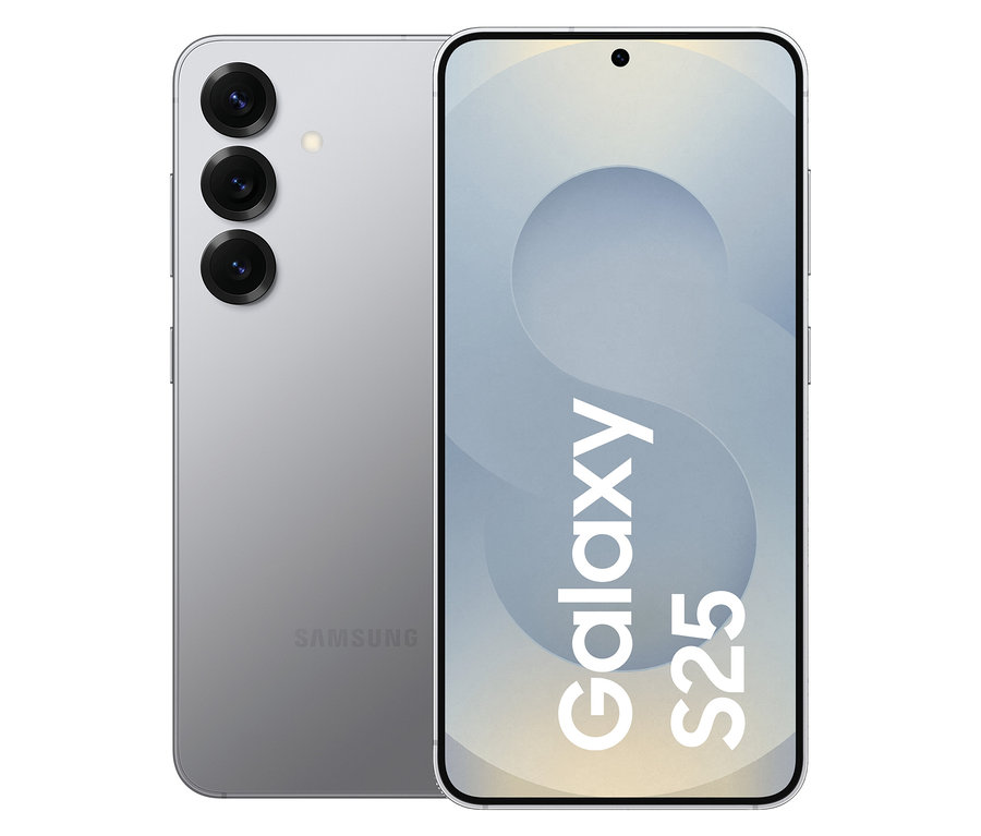Das silberne Samsung Galaxy S25 5G mit 128 GB wird aus zwei Perspektiven gezeigt.