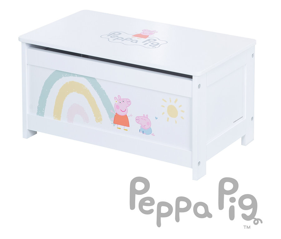 Weiße Spielzeugkiste mit Peppa Pig und Regenbogen Illustration.