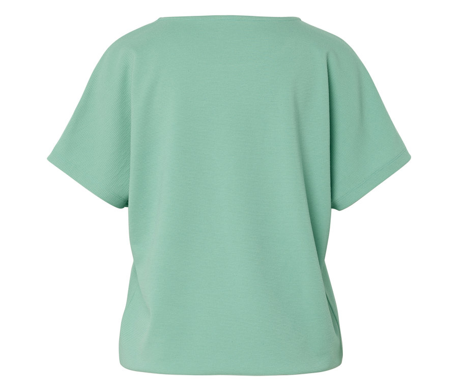 Rückansicht eines mintgrünen, kurzärmeligen Damenoberteils mit Rippstruktur.