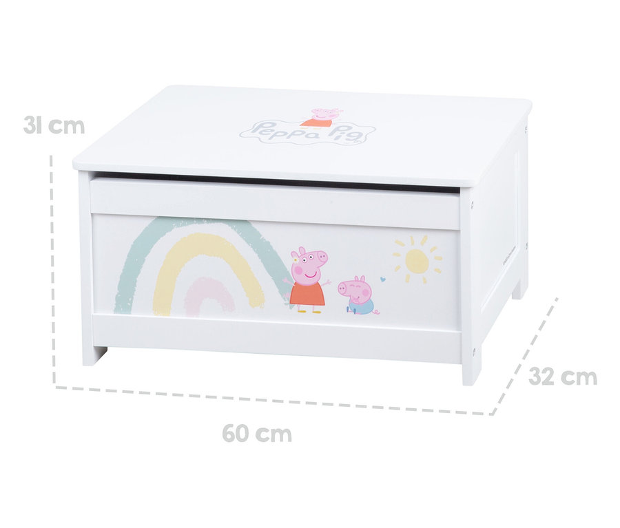 Weißer Spielzeugkasten mit Peppa Pig-Motiv und Größenangaben.