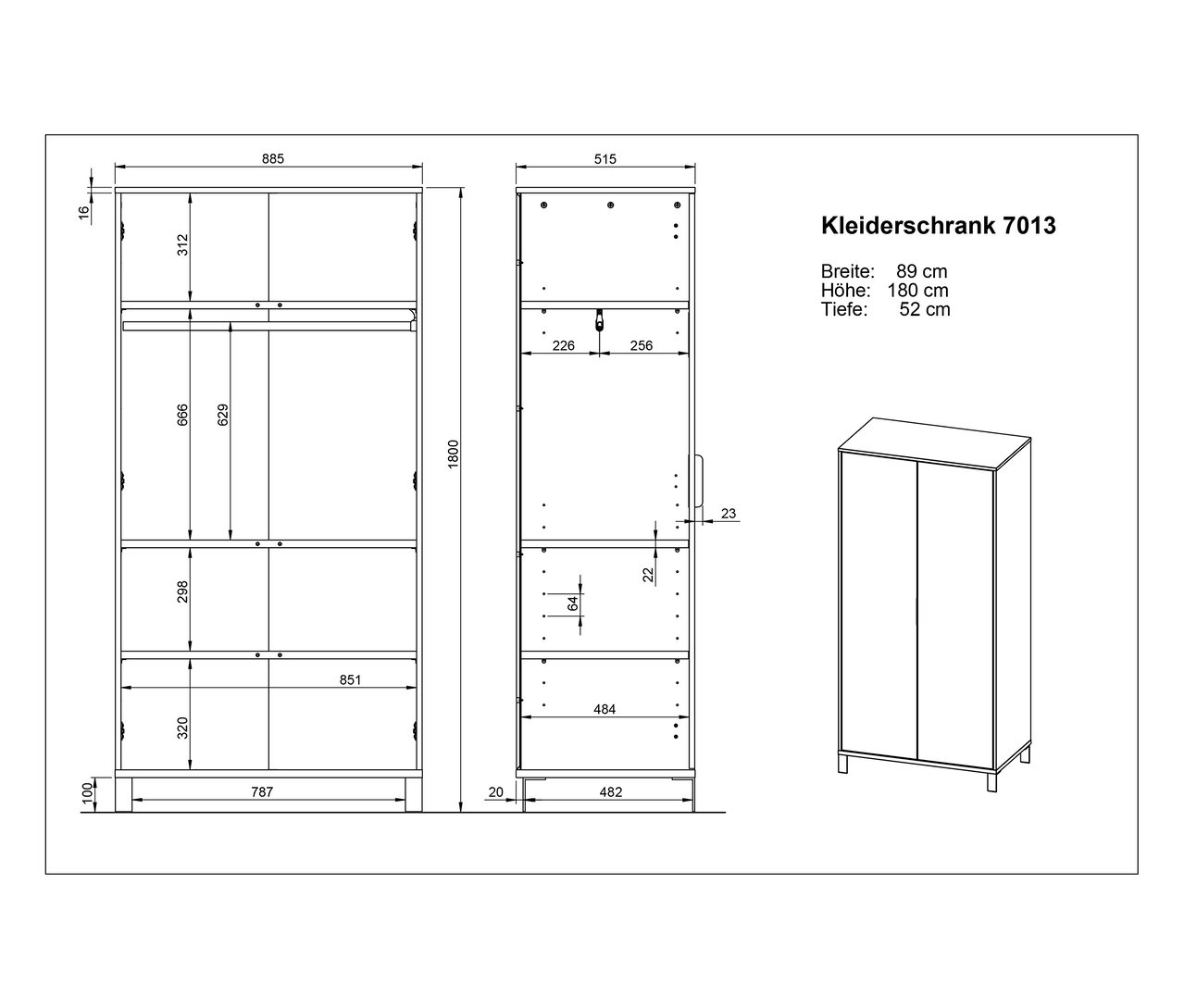 Technische Zeichnung eines GW-Kleiderschrank »Alkmaar«, 2-türig, mit Maßangaben.