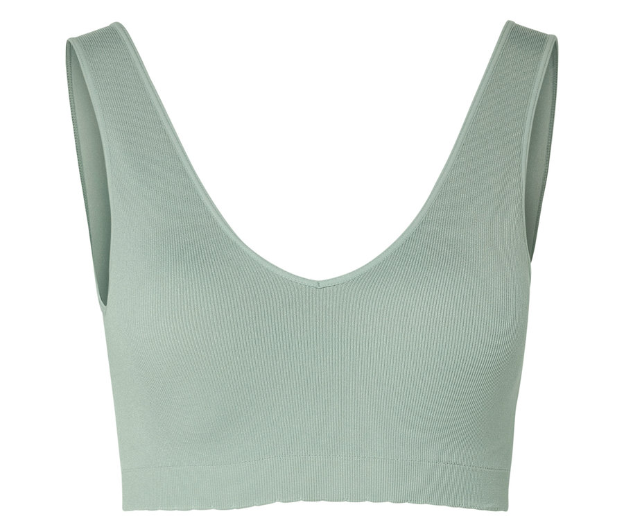 Nahaufnahme eines mintgrünen Sport-BHs mit V-Ausschnitt.