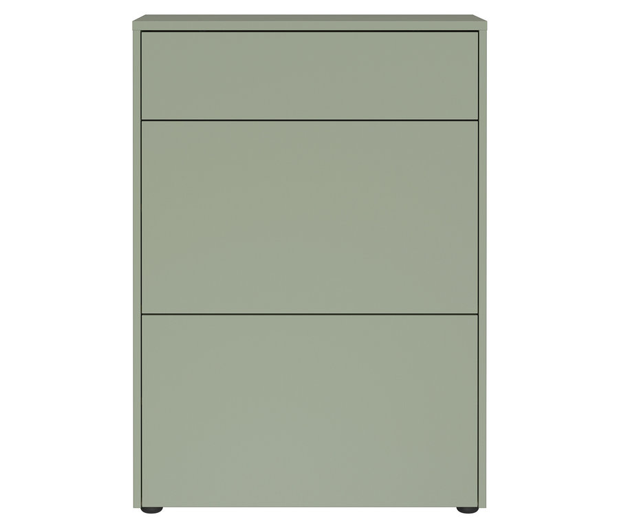 Grüner Schrank mit drei Schubladen.